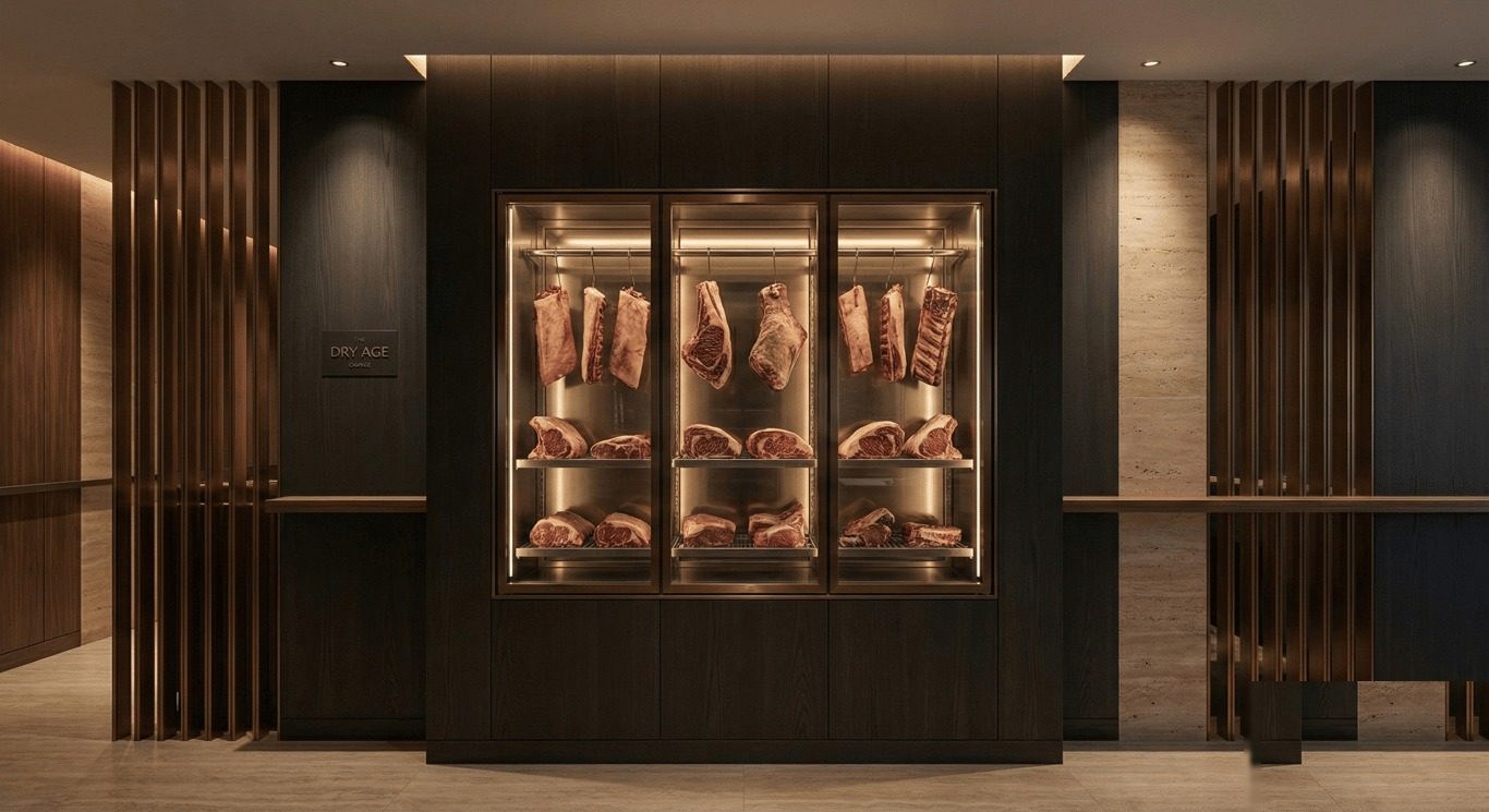 Private dining room with arched illuminated display niches