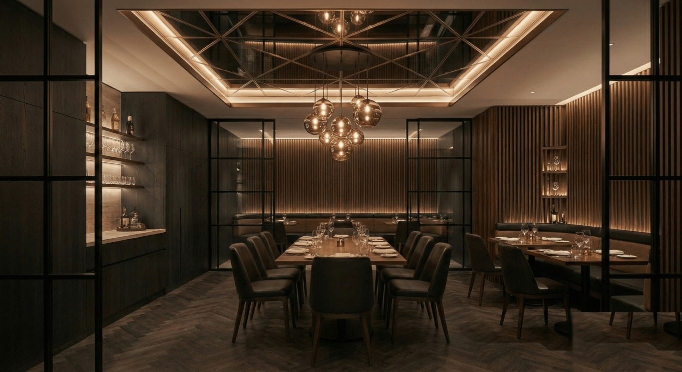 Elegant dining room with feature lounge seating