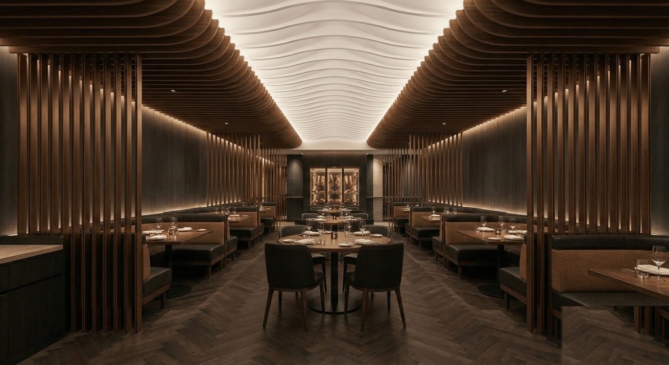 The Vault - Dining room with sculptural wave ceiling