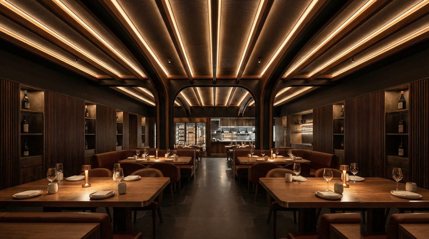 Restaurant with timber slat ceiling and banquette seating